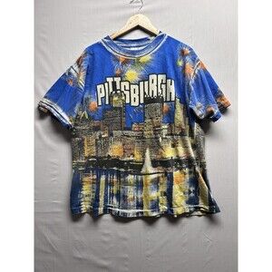 Pittsburgh Fireworks Skyline All Over Print T-Shirt Men XL Single Stitch Vintage